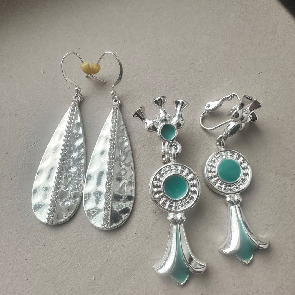 2 Pair Silver Dangle Earrings Bundle | Teal & Hammered Drop